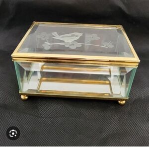 Vintage Glass Jewelry Box with Bird Design and Gold Accents